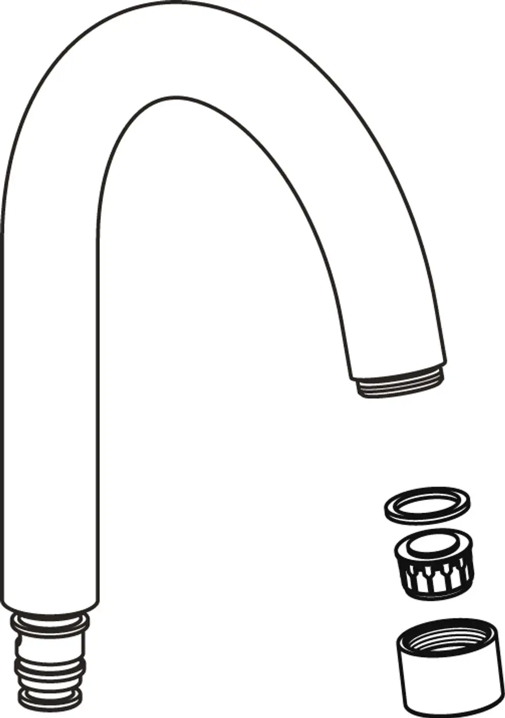 Rohrauslauf von Ideal Standard mit gebogenem Design, zwei Anschlussgewinden und einem Satz von Bauteilen, bestehend aus einem Strahlregler und zwei Dichtungen.